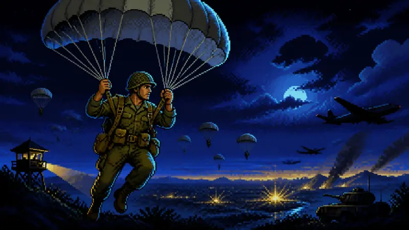 Militar paracaidista en estilo arcade retro