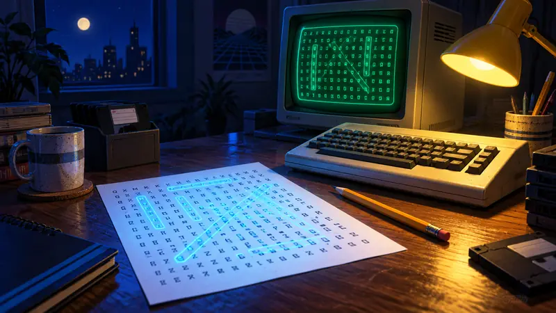 Sopa de letras retro en un escritorio de ordenador clásico iluminado por una lámpara